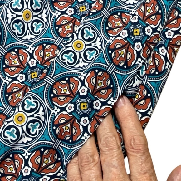 MAX STUDIO Crepe Tiered Maxi Dress Teal / Brick Print Side Pockets 3/4 Sleeves L - Picture 8 of 10